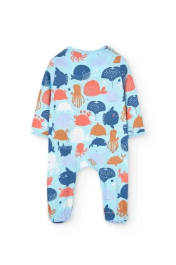 Tutina in maglia per neonato di colore blu con stampa di motivi marini.