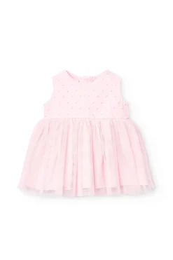 Vestitino in batista per neonata di colore rosa ricamato.