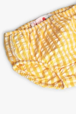 Vestito di popeline per neonata con stampa a quadri di colore giallo.