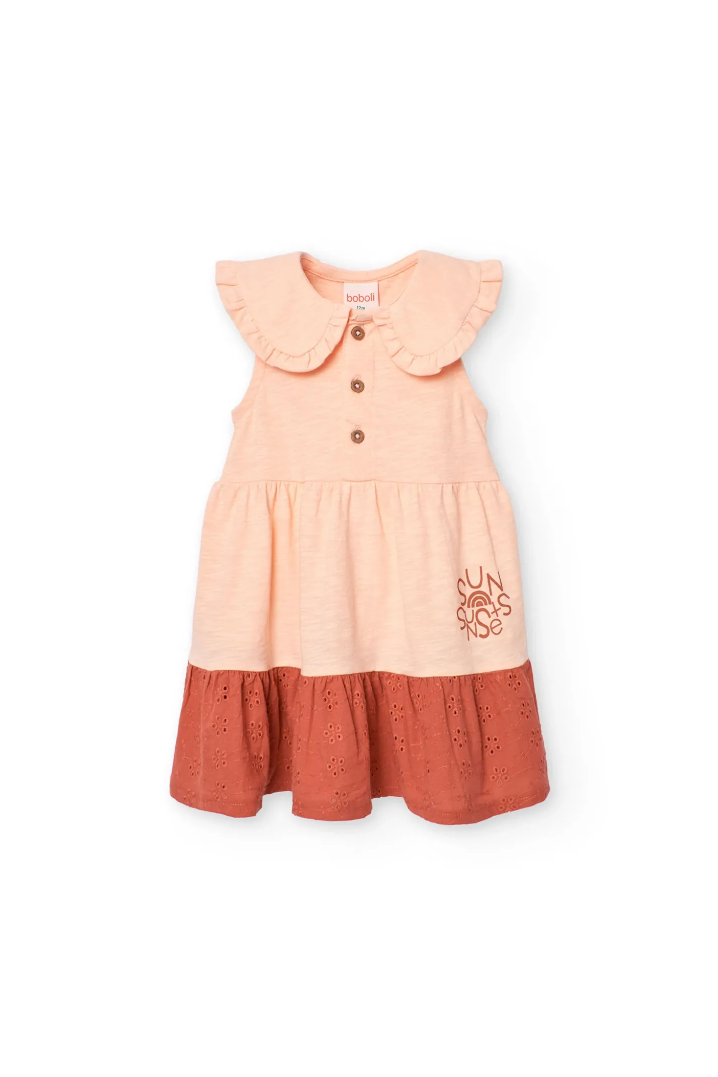 Vestito in maglia per bambina colore salmone con design fiammato.