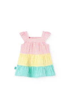 Vestito in popeline per bambina con design a quadri multicolore